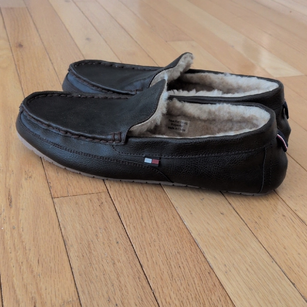 Tommy Hilfiger Men's Brown Faux Leather Slippers House Shoes 12